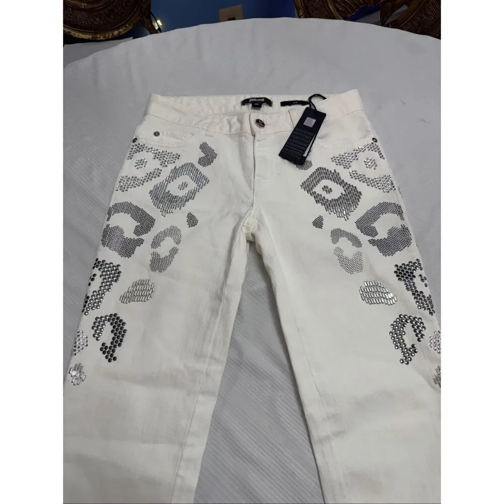 NWT Just Cavalli Slim White Crystal Embellished Jeans Size 26 New